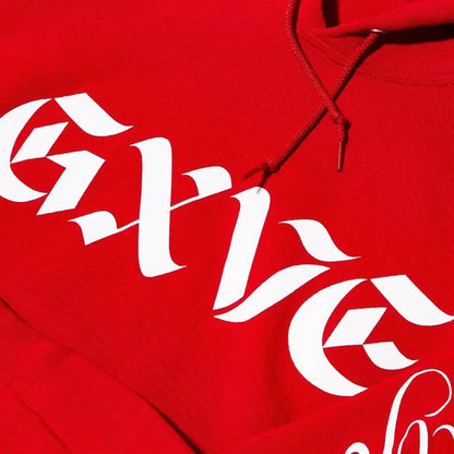 GXVE GXVE RED HOODIE GXVE RED HOODIE - GXVE custom artwork designed & printed in white on a pullover hoodie in Gwen’s signature GXVE ‘red.’ Made of 50% cotton and 50% polyester.