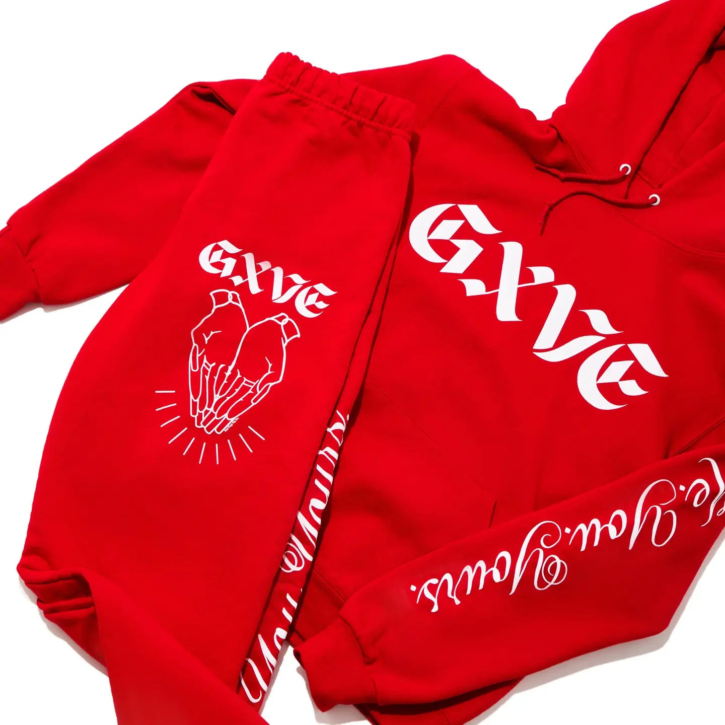 GXVE GXVE RED HOODIE - GXVE custom artwork designed & printed in white on a pullover hoodie in Gwen’s signature GXVE ‘red.’ Made of 50% cotton and 50% polyester.