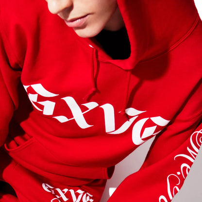GXVE GXVE RED HOODIE GXVE RED HOODIE - GXVE custom artwork designed & printed in white on a pullover hoodie in Gwen’s signature GXVE ‘red.’ Made of 50% cotton and 50% polyester.