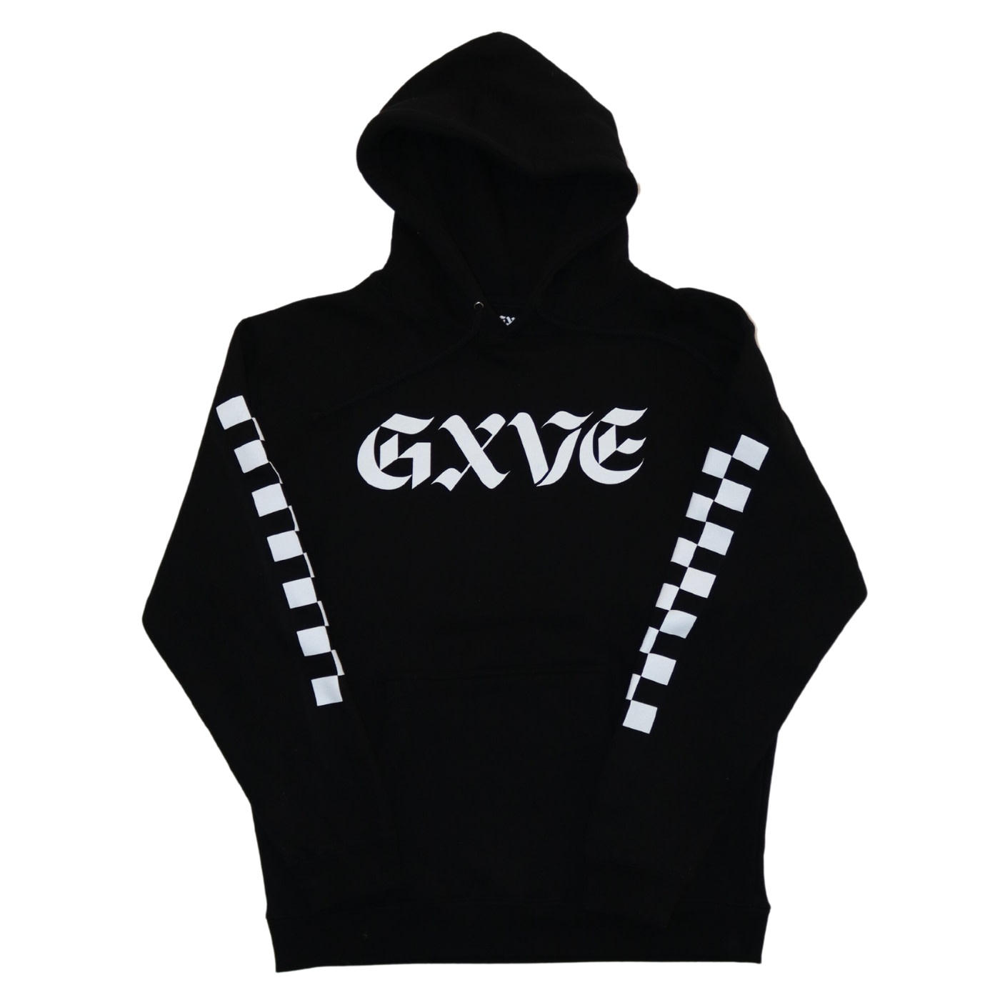 Selected: GXVE HOODIE BLACK Small SIGNATURE BLACK SWEATSHIRT WITH CHECKERED SLEEVES